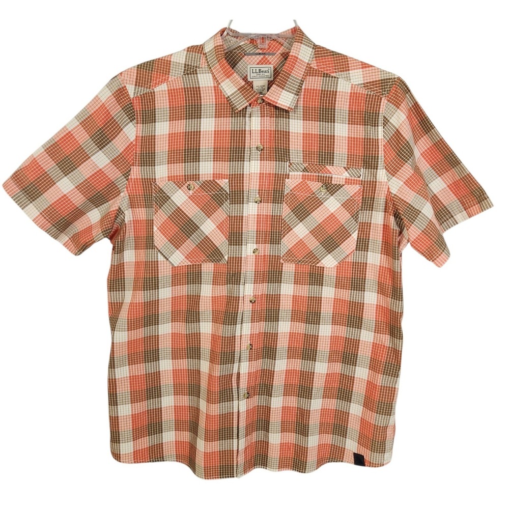 LL Bean Mens Button Shirt Large Orange Plaid Short Sleeve Cotton Blend
